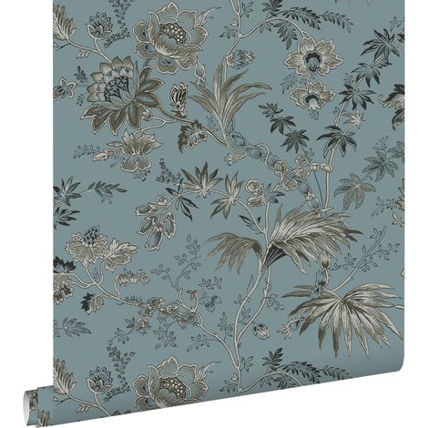 papier peint fleurs vintage vintage bleu  - ESTAhome