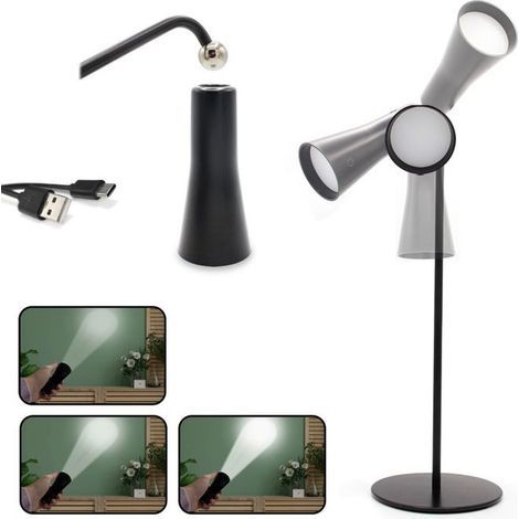 Lampe LED 3en1 Lampe de Bureau + Applique Murale + Torche - Magnétique - Batterie Rechargeable USB - Tactile - 3 Intensités - Noir (1/4)