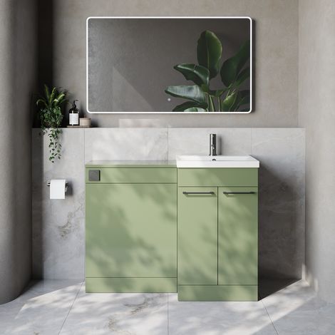 Napoli 390 Cento Olive Green 1100mm 2 Door Vanity Unit Toilet Suite with Glide Basin - 1100mm - Gunmetal Grey 160mm HandleWithout Kingston Toilet Pan