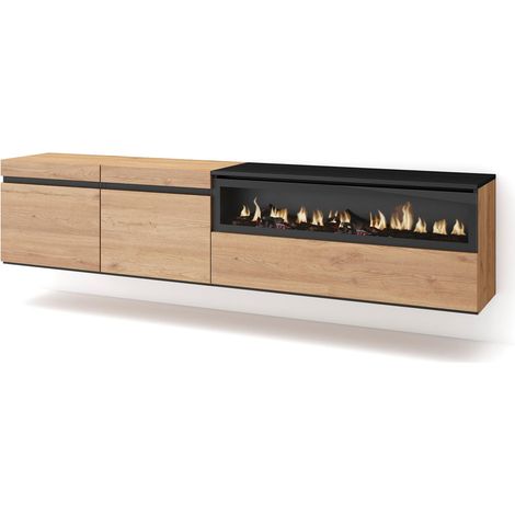 Skraut Home – Meuble TV suspendu mural avec cheminée électrique – Grand espace de rangement 102x45x35cm – Chêne et noir – Pour TV jusqu'à 80" (1/5)
