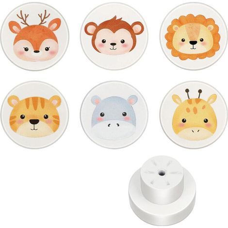 6x Boutons d’Armoires en Bois Blanc, Poignées de Tiroir Rondes de 35 mm avec Motif Animaux pour Chambre d’Enfants (1/5)