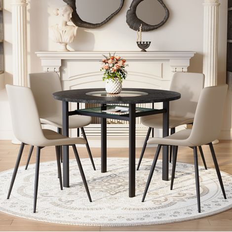 REDOM - Conjunto de mesa redonda y 4 sillones de PU gris cálido y cojines de confort más anchos con vetas de madera negra (1/5)