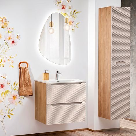 Conjunto de muebles con lavabo individual encastrado 60cm y columna Elora Beige y madera (1/5)