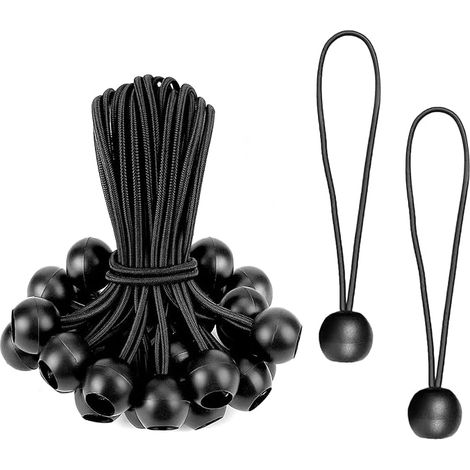 30 Pièces Tendeur Élastique avec Boule, 15 cm Tendeur pour Bâche avec Balle en PP, Corde élastique Noire de Fixation pour Camping, Tente, Auvent, Voile D'ombrage et Rideaux (1/5)