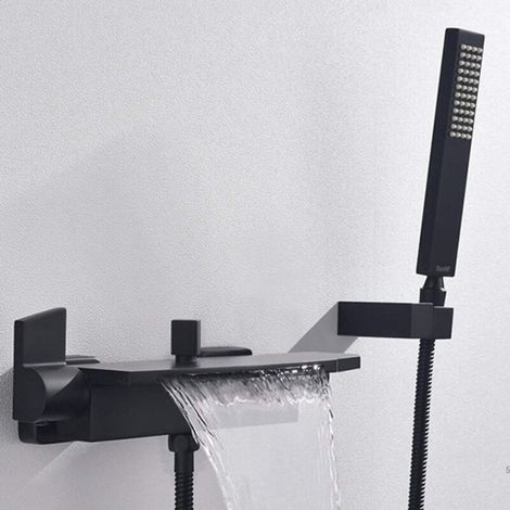 Mitigeur Baignoire Noir Cascade Mural Robinet Baignoire Fixé Au Mur Pour Salle De Bains Robinet De Bain Avec Douche à Main Mitigeur De Bain (B) (1/5)