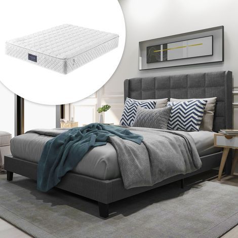 Lit adulte 140x200 cm rembourré Tête de lit capitonnée Sommier à lattes en bois Tissu en lin gris Matelas inclus (1/5)