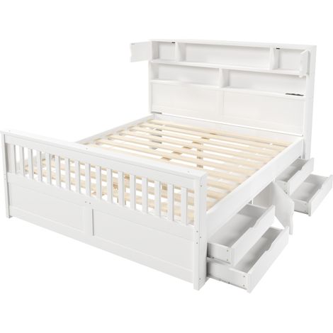 CAIziCadre lit 160x200 plateforme blanc, étagères, LED, USB, 4 tiroirs (1/5)