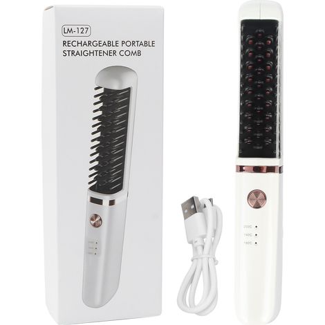 Brosse lisseur à cheveux sans fil rechargeable USB, 3 niveaux de température réglables, peigne lissant portable anti-brûlure (1/5)