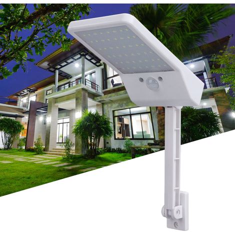 Lampe solaire télécommandée à détecteur de présence, applique murale solaire à 48 LED, plusieurs modes d'éclairage, lampe extérieure étanche pour cour, couloir, éclairage public, boîtier blanc. (1/5)