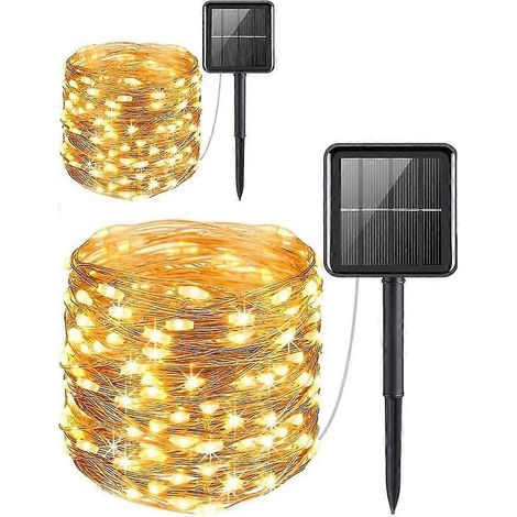 Guirlande lumineuse solaire féérique, 2 guirlandes lumineuses solaires en fil de cuivre de 100 LED, lumières décoratives solaires pour jardin, pour fêtes, Noël, Halloween, mariages - blanc chaud (2 pi (1/5)