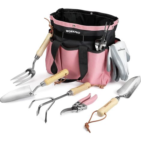 Workpro – Ensemble d'outils de jardinage 8 pièces en acier inoxydable SK5 – Poignée en bois ergonomique – Sécateur, sarcloir, griffe, fourche, pelle à terreau, transplantoire (1/5)
