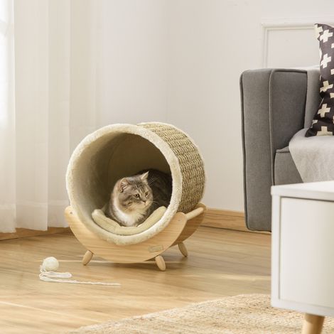 Cueva para gatos 38x38x43 cm, con superficie rascadora y cojín incluido, diseño elevado, madera color caqui (1/5)