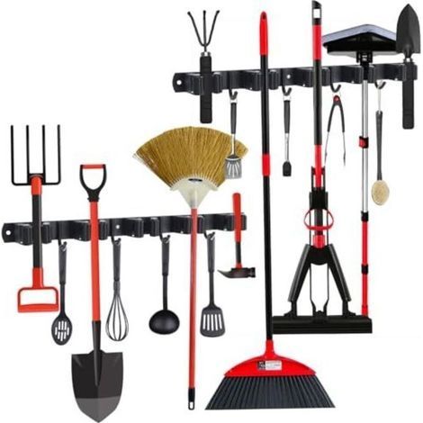 Wandhalterung für Besen, 2-teilig, 10 Halter + 8 Haken, Werkzeughalter aus Edelstahl, selbstklebende Wandhalterung für Garten- und Besenwerkzeuge, schwarze Wandhalterung zum Aufhängen von Gartengeräte (1/5)