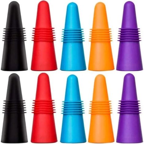Lot de 10 bouchons à vin réutilisables silicone avec bouchons liège, conservation fraîcheur vin, multicolores. (1/5)