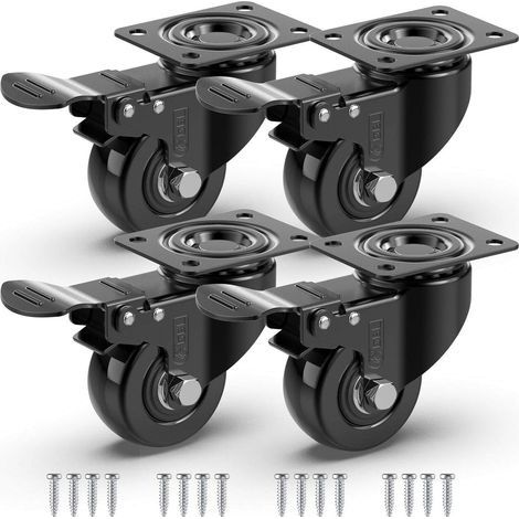 4 Roulettes Pivotantes Pour Meubles avec Frein + Vis - 50mm Jusqu'à 200KG - Roulette Sans Traces au Sol pour Charge Lourde - Roue en Caoutchouc pour Chariot - Noir (1/5)