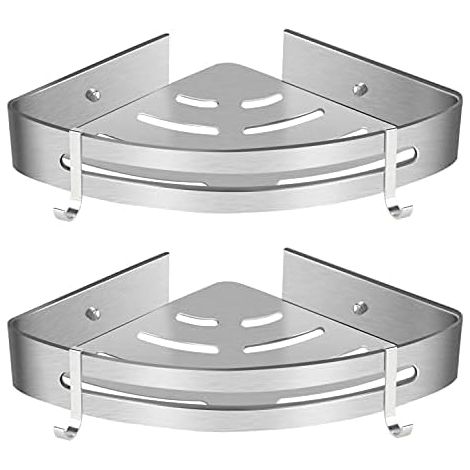 AGE Support de douche d'angle, support de salle de bain sans perçage, panier de rangement de douche, organisateur de boîte de douche adhésif mural en aluminium, triangle, 2 pièces (1/4)