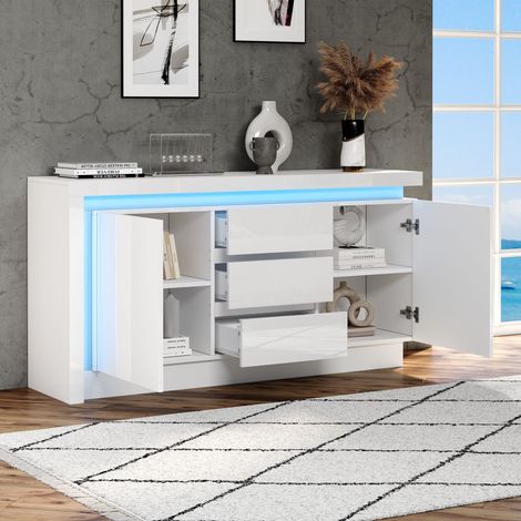 MODFU Mobiletto da cucina a LED, mobile contenitore per soggiorno, con ripiani regolabili, 140×35×72 cm, 3 cassetti, 2 ante (1/5)