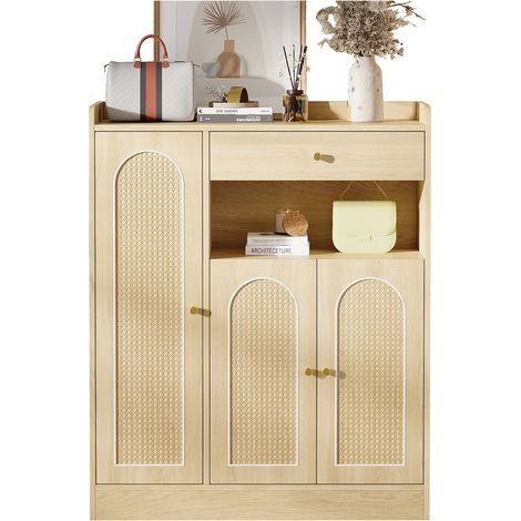Rattan Schuhschrank mit 3 Türen und 1 Schublade, B90/H110/T35 cm, Naturfarbe (1/5)