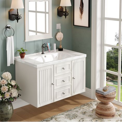 Meuble sous vasque suspendu 78,5x46x46,8 cm avec vasque en céramique, 3 tiroirs et placard, MDF - blanc (1/5)