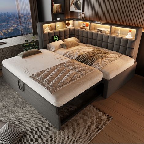 MEUBLIV Bett 90x200 cm grau – mit Ausziehbett und LED, ohne Matratze (1/5)