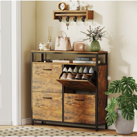 Meuble à chaussures 98x24x95 cm marron rustique en bois avec 4 abattants, étagère ouverte, style industriel (1/5)