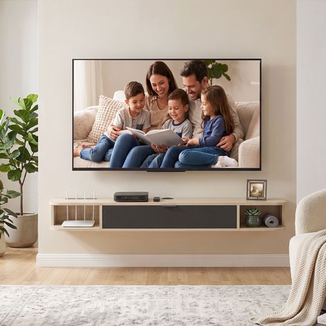 Meuble TV mural suspendu 140x24x16cm, support écran plat jusqu'à 60'', console avec tiroir rabattable et 2 étagères, bois massif teinte naturelle (1/5)