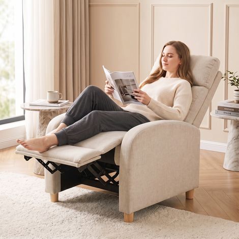 Fauteuil relax inclinable manuellement à 135° avec repose-pieds en tissu, beige (1/5)