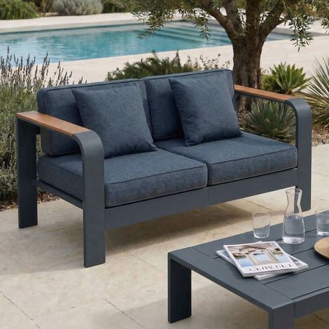 Canapé de jardin en alu anthracite et bois, housse bleue