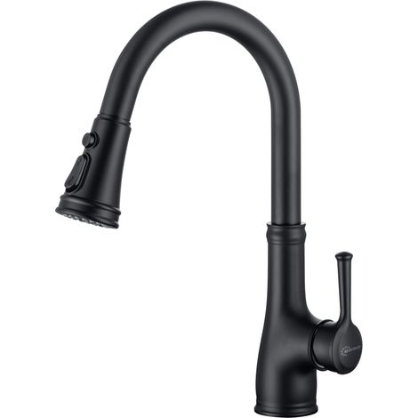 Robinet Cuisine Noir, Mitigeur Cuisine avec Douchette Extractible, pivotant à 360°, Robinet d'évier à arc élevé avec pulvérisateur escamotable à 3 modes (1/5)