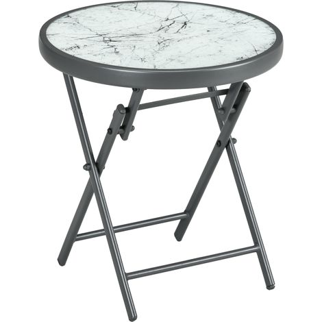 Klappbarer Beistelltisch 45x45x50 cm, Glasplatte mit Marmoroptik, runder Sofatisch/Balkontisch für Balkon, Terrasse, Wohnzimmer & Büro, Weiß