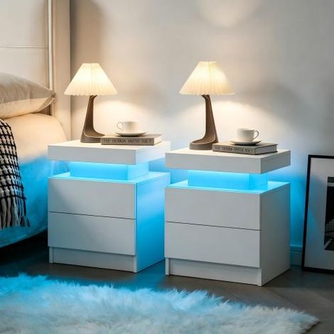 Table de chevet avec éclairage LED (lot de 2) – table de chevet moderne pour chambre avec éclairage et deux tiroirs (blanc) (1/5)