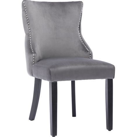 Silla de comedor gris de terciopelo con capitoné y patas de madera, set de 4 (1/5)