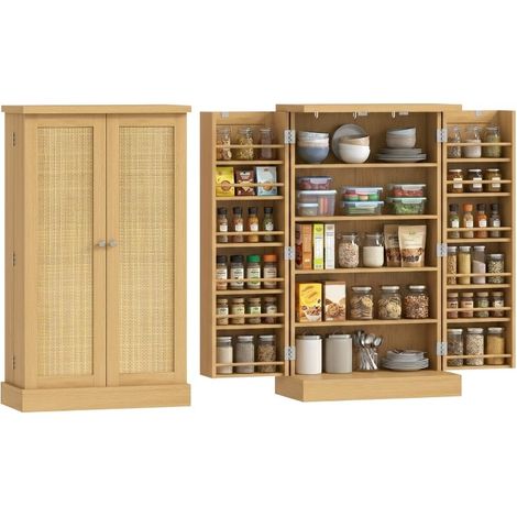 Placard de cuisine rotin naturel 104 cm, étagère 5 niveaux, 12 compartiments à épices et tablettes réglables (1/5)