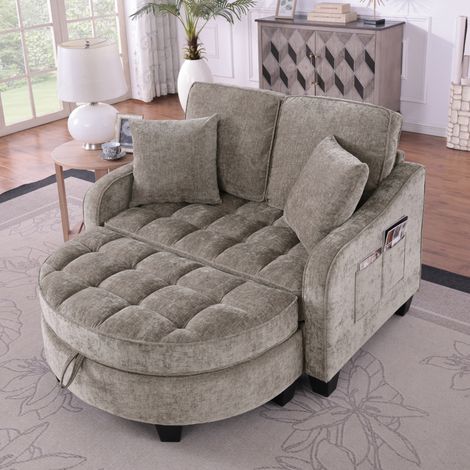 Canapé convertible 132x129x93 cm marron en tissu et bois d’eucalyptus avec coffre de rangement (1/5)