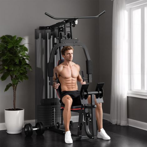 Station de fitness à domicile avec blocs de poids de 45 kg, poulie à câble, station de musculation pour les pectoraux et presse à jambes pour un entraînement polyvalent