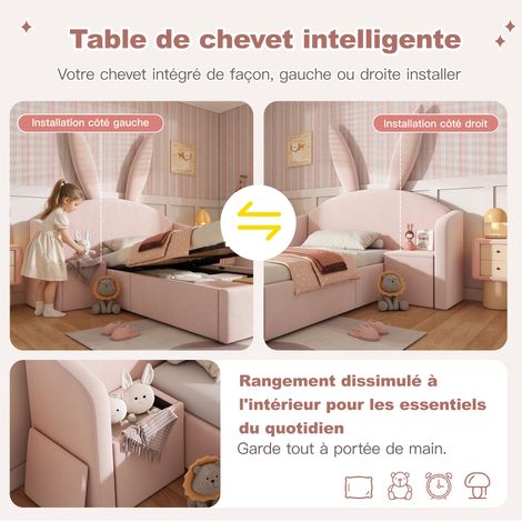 Cama infantil 90x200 cm rosa de terciopelo con almacenaje, para niños, sin colchón – MEUBLIV (1/5)