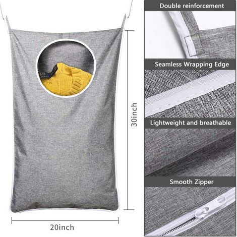 Bolsa de lavandería colgante para puerta – Tejido Oxford ligero, 2 ganchos de acero inoxidable + 2 ventosas resistentes – Gris, ideal para dormitorio, habitación infantil o dormitorio universitario.