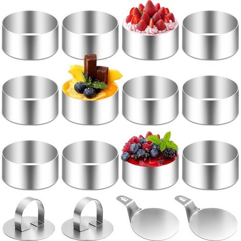 12 emporte-pièces ronds avec 2 couvercles et 2 bases, moules à gâteaux, moules à tartes, pour gâteaux, mousses, desserts et pains, en acier inoxydable, 8 x 4 cm (1/5)