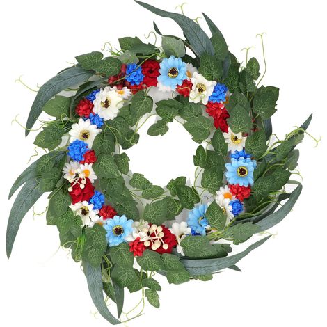 Couronne de fleurs patriotique 20 pouces, couleurs vives et éclatantes, matériau résistant, utilisation polyvalente pour fête du 4 juillet, chambre, jardin. (1/5)