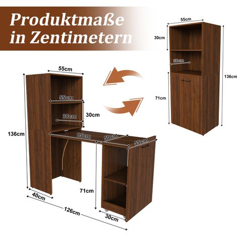 Bureau extensible avec armoire de rangement, table pliable gain de place, étagères réglables et plateau coulissant, noyer foncé, pour chambre et bureau (Bureau de travail) (1/5)