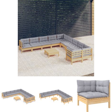 The Living Store - 11-tlg. Garten-Lounge-Set mit Grauen Kissen Kiefernholz (1/5)
