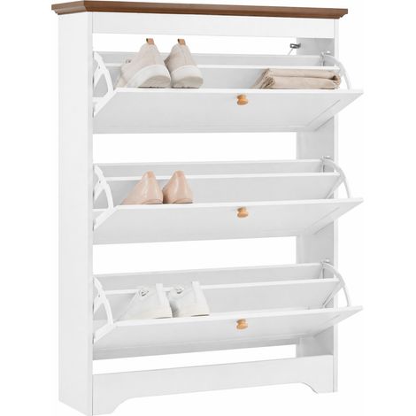 Meuble à chaussures à 3 abattants blanc avec plateau brun et poignées rondes en bois, gain de place pour entrée ou couloir, rangement familial – CHICFURN (1/5)