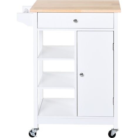 Platzsparender Küchenwagen aus MDF mit Arbeitsplatte aus Gummibaumholz, Schublade, Schrank, 3 Ablagen, verstellbaren Einlegeböden, Handtuchhalter und Lenkrollen, 66 x 39,5 x 86,5 cm, Weiß