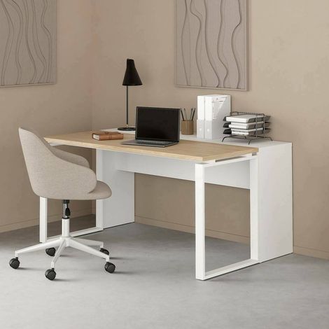 Dmora - Escritorio Timothee, Escritorio multiusos, Mesa de oficina para PC, El plan de trabajo, 60x0 h76 cm, Roble y Blanco (1/4)