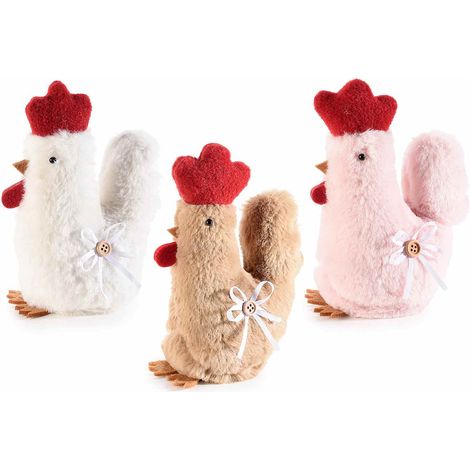 Gallinelle in morbido eco-fur colorato con fiocco, nastrino decorativo e bottone, set da 6 pezzi, cm 12 x 6 x 17,5 H