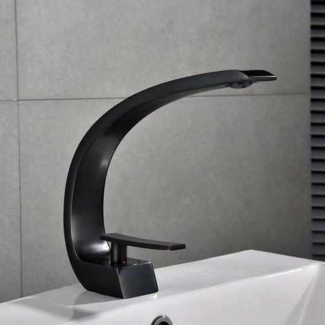 Grifo para lavabo de baño con diseño de cascada, grifo mezclador de latón cromado, color negro (1/2)
