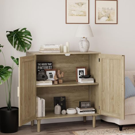 Buffet bas en rotin, 80x40x88 cm, Meuble de rangement pour salon salle à manger entrée, Style bohème cannage 2 portes MDF, Naturel (1/5)