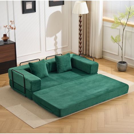 Divano letto trasformabile compresso con braccioli e cuscini, in velluto a coste, per soggiorno e camera da letto, verde (1/5)