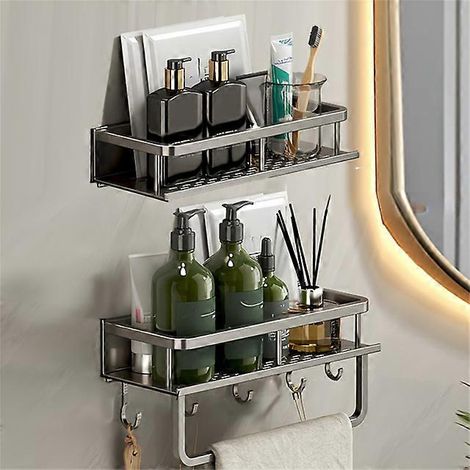Plateau multifonctionnel pour accessoires de salle de bain, étagère de rangement murale en aluminium, organisateur de cosmétiques, support pour accessoires de salle de bain, barre à crochets grise 30