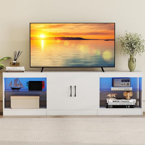 COSTWAY Meuble TV LED pour Télé 85", Meuble Télé Modulaire en 3 Pièces, Étagères en Verre Réglables, 16 Couleurs, Lminosité Télécommandée, Table TV pour Chambre, Salon, Gaming (Blanc) (1/5)